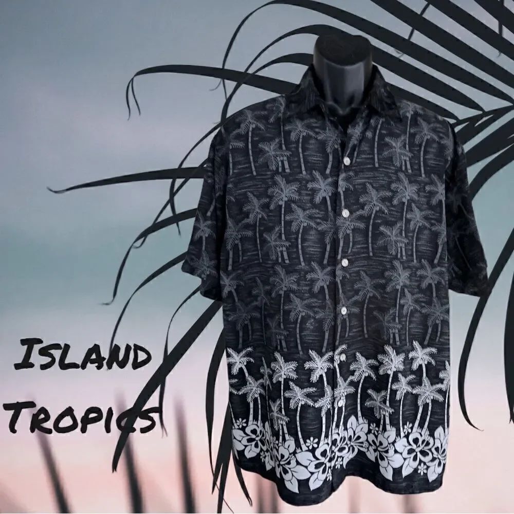 Island Tropics l Mens Short-Sleeve Shirt l Dark Gray w/ White Palmtrees l Pocket